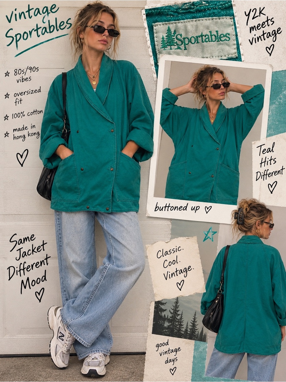 Vintage 80s Sportables Teal Denim Wrap Jacket Size-Large, Oversized Batwing, Y2K